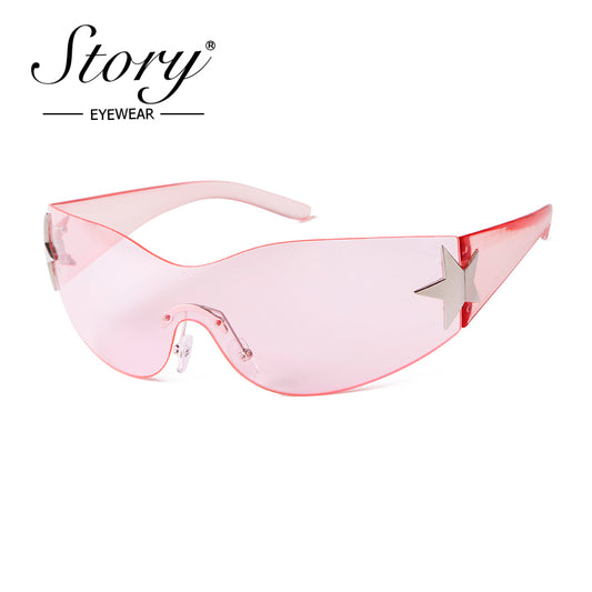 2024 New frameless personalized design with wide legs and pentagonal star logo, fashionable sunglasses for outdoor shading, trendy riding, mountaineering, and sports glasses