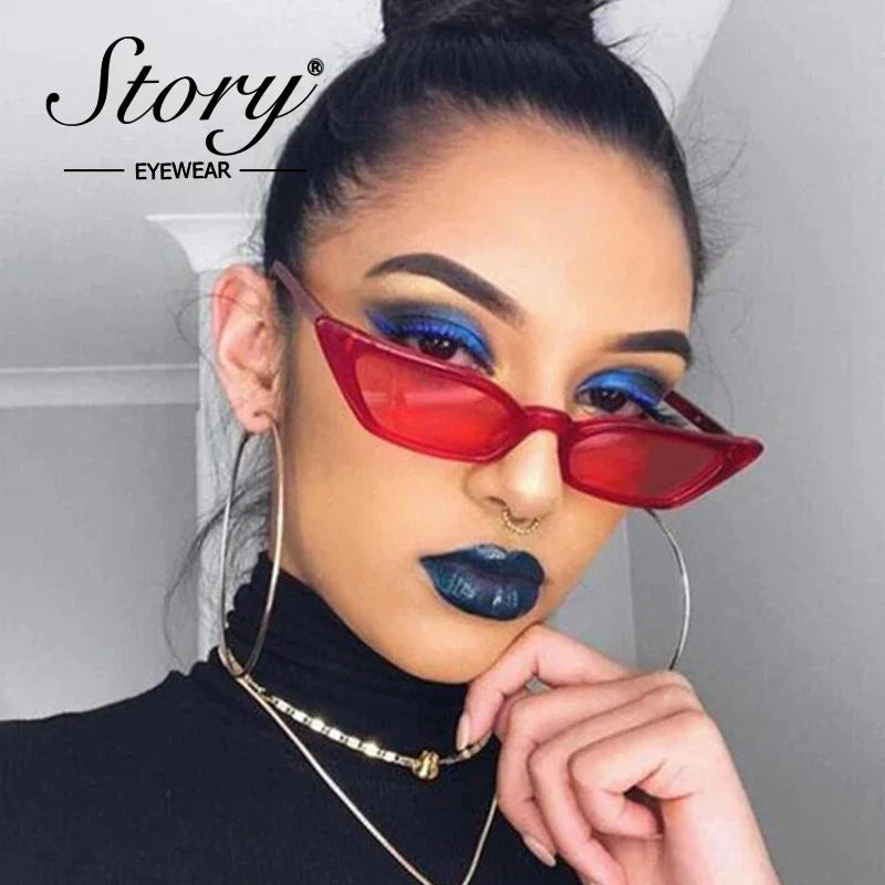STORY 2024 Retro Red Cat Eye Sunglasses,Fashion Skinny Frame SunGlass,Black Leopard Shades