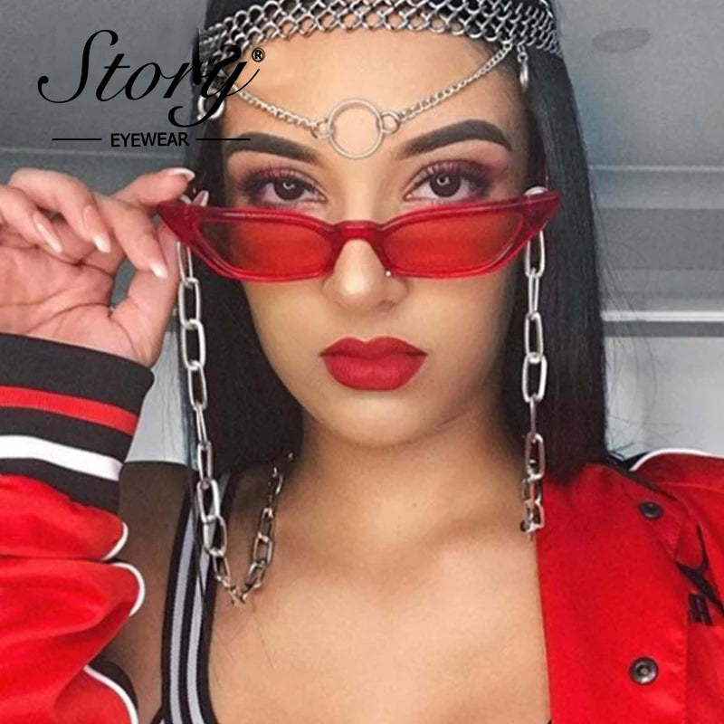 STORY 2024 Retro Red Cat Eye Sunglasses,Fashion Skinny Frame SunGlass,Black Leopard Shades